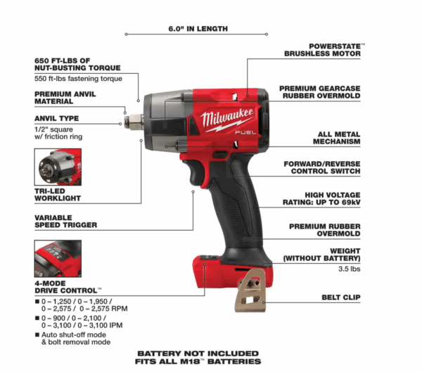 2960-20-2962-20 M18 FUEL GEN-2 18V Lithium-Ion Mid Torque Brushless Cordless 3/8 in. and 1/2 in Impact Wrench (2-Tool) - Image 5