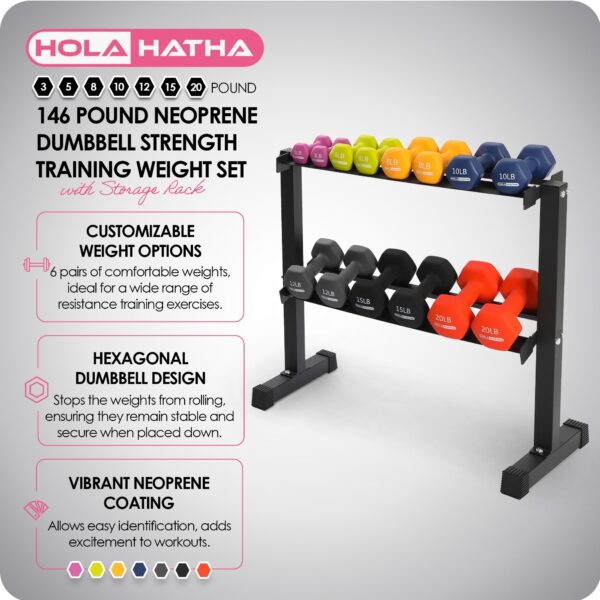 146 Pound Neoprene Dumbbell Strength Training Weight Set with Rack - Image 3