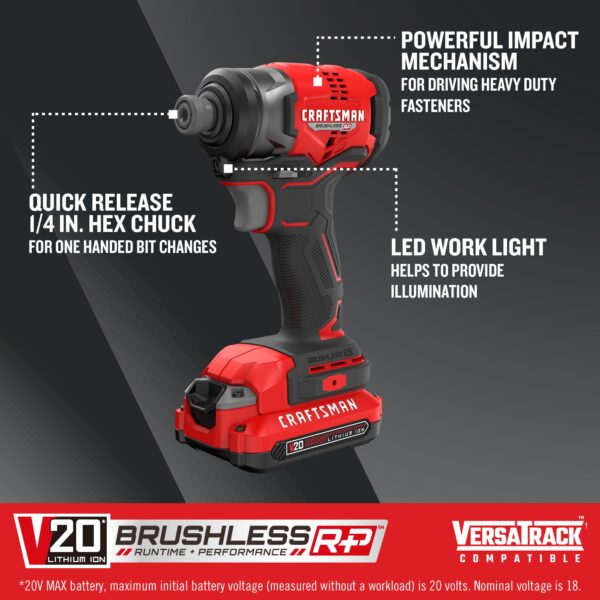 V20 RP 20-volt Max Brushless Cordless Impact Driver (2-Batteries Included, Charger Included and Soft Bag included) - Image 3
