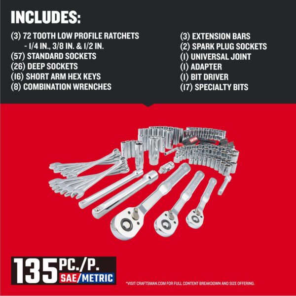 1/4, 3/8 and 1/2 in. drive Metric and SAE 6 and 12 Point Mechanic s Tool Set 135 pc - Image 6