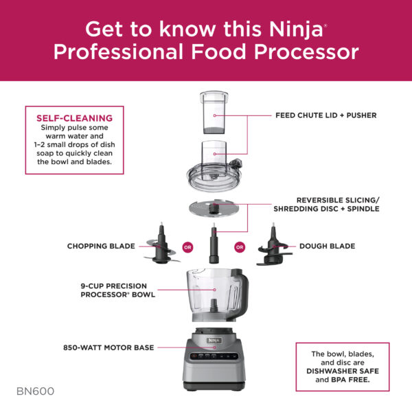 Professional Food Processor, 850 Watts, 9-Cup Capacity, Auto-iQ Preset Programs, BN600 - Image 7