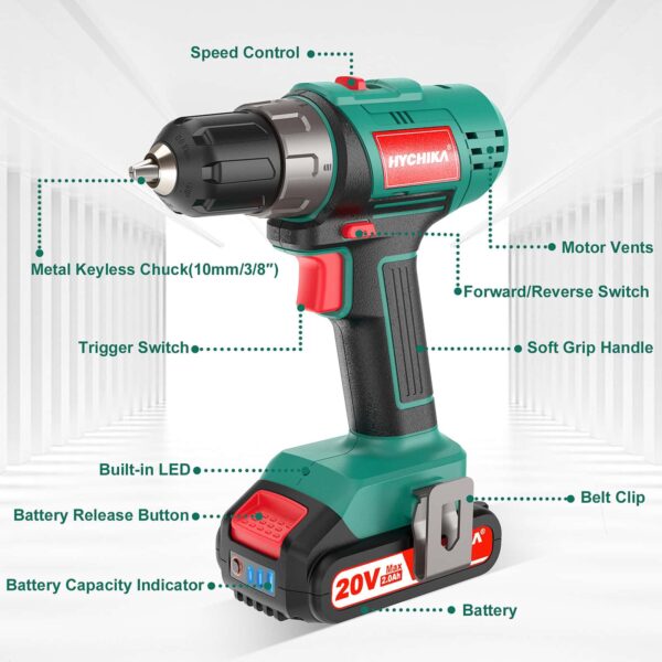 HYCHIKA 20-volt Max 3/8-in Right Angle Cordless Drill (1 Li-ion Battery Included and Charger Included) - Image 3