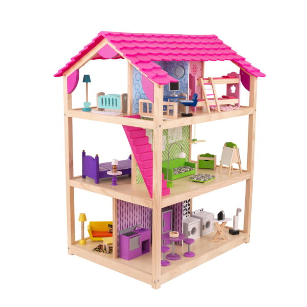 So Chic Wood Dollhouse, Almost 4  Tall with Wheels   46 Pieces, Assembly Required