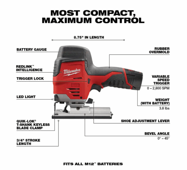 2415-20-2445-20-48-11-2460 M12 12V Lithium-Ion Cordless 3/8 in. Right Angle Drill with M12 Cordless Jig Saw and 6.0 Ah XC Battery Pack - Image 6