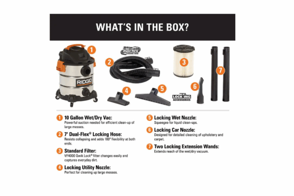 WD1060 10 Gal. 6.0-Peak HP Stainless Steel Wet/Dry Shop Vacuum with Filter, Hose and Accessories - Image 10