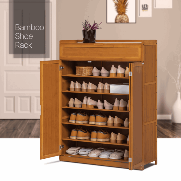 MoNiBloom Bamboo 7 Tier Organizer Cabinet with Folding Door, 35 Pairs of Shoes Rack, Brown, for Home - Image 3