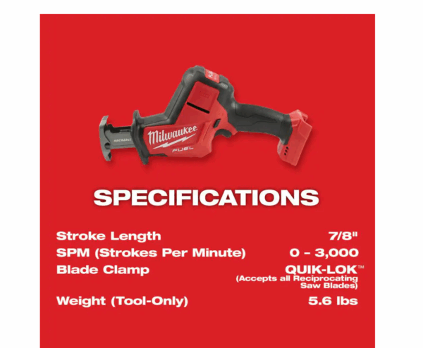 Reciprocating Saw 2719-20-48-11-1820 M18 FUEL 18-Volt Lithium-Ion Brushless Cordless HACKZALL with 2.0 Ah Battery - Image 7