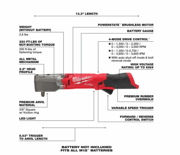 2554-20-2564-20-2567-20 M12  12V Li-Ion Brushless Cordless  3/8 in. Impact Wrench w/Right Angle Impact Wrench   High Speed Ratchet - Image 7