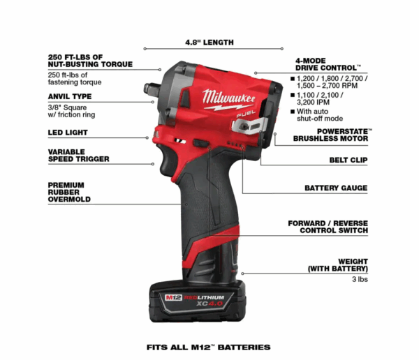 2551-22-2554-20 M12 FUEL SURGE 12V Lithium-Ion Brushless Cordless 1/4 in. Hex Impact Driver Compact Kit   M12 FUEL 3/8 in. Impact Wrench - Image 7