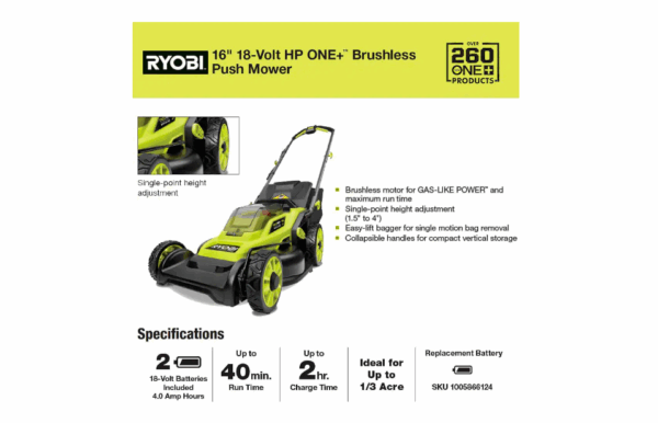 P1190VNM ONE+ HP 18V Brushless 16 in. Cordless Battery Walk Behind Push Lawn Mower with (2) 4.0 Ah Batteries and (1) Charger - Image 7