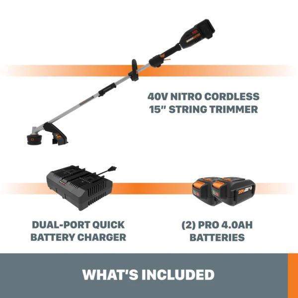 WORX POWER SHARE NITRO 40-volt Max 15-in Straight Shaft Attachment Capable Battery String Trimmer 4 Ah (Battery and Charger Included) - Image 4