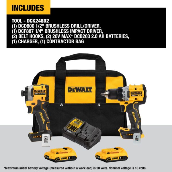 20V MAX XR Brushless Cordless 1/2 in. Drill/Driver and 1/4-in Impact Driver Kit - Image 2