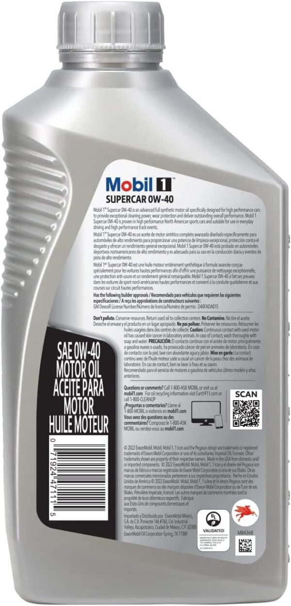 Mobil 1 Supercar Advanced Full Synthetic Motor Oil 0W-40, 6-pack of 1 quarts - Image 5