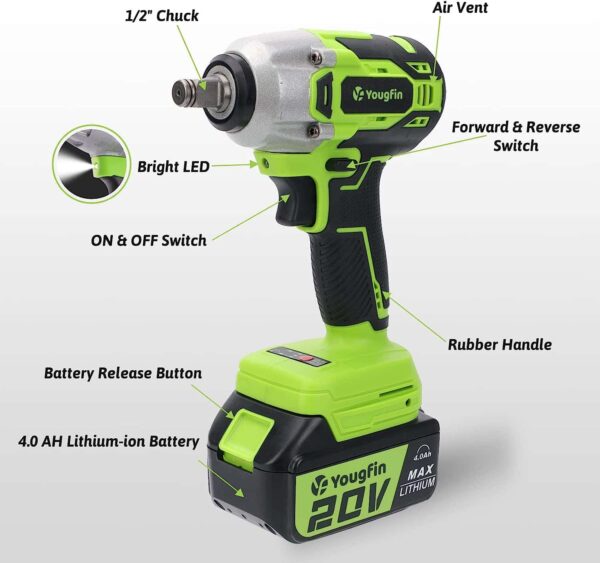 Yougfin Cordless Impact Wrench, 20V Power Brushless Impact Driver - Image 6