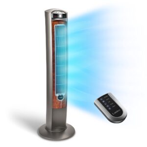 T42954 Oscillating Tower Fan, Nighttime Setting, Remote Control, 3 Quiet Speeds, 42.5 , Silverwood, woodgrain and grey