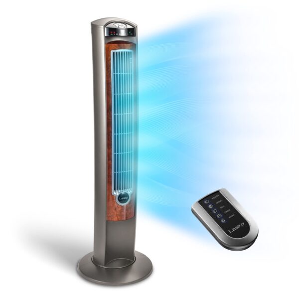 T42954 Oscillating Tower Fan, Nighttime Setting, Remote Control, 3 Quiet Speeds, 42.5 , Silverwood, woodgrain and grey