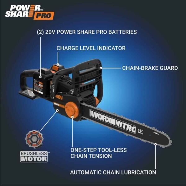 WORX NITRO POWER SHARE 40-volt 16-in Brushless Battery 4 Ah Chainsaw (Battery and Charger Included) - Image 2