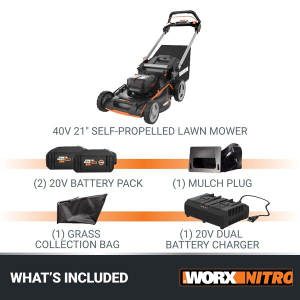 WORX WP773 40-volt 21-in Cordless Self-propelled Lawn Mower 5 Ah (2 Batteries and Charger Included) - Image 2