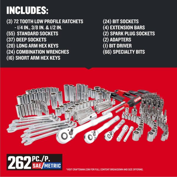 262-Piece Standard (SAE) and Metric Polished Chrome Mechanics Tool Set with Hard Case - Image 2