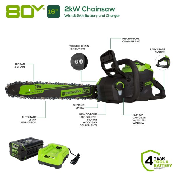 Pro 80-volt 16-in Brushless Battery 2.5 Ah Chainsaw (Battery and Charger Included) - Image 7