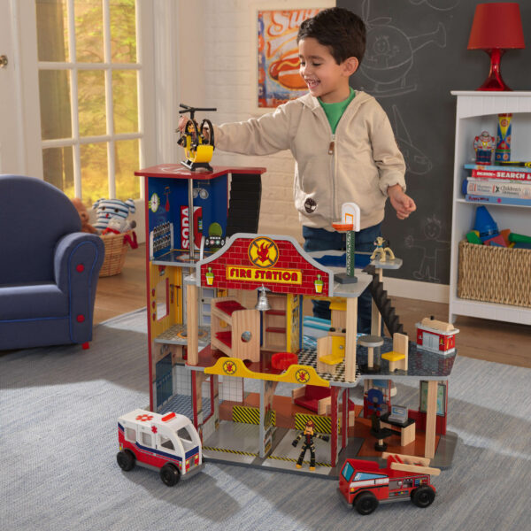 Deluxe Wood Rescue Play Set with Ambulance, Fire Truck, Helicopter   27 Pieces - Image 2