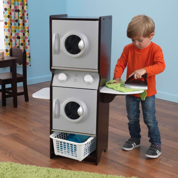 Wooden Laundry Play Set, Stacking Washer and Dryer with Iron and Basket, Espresso - Image 3