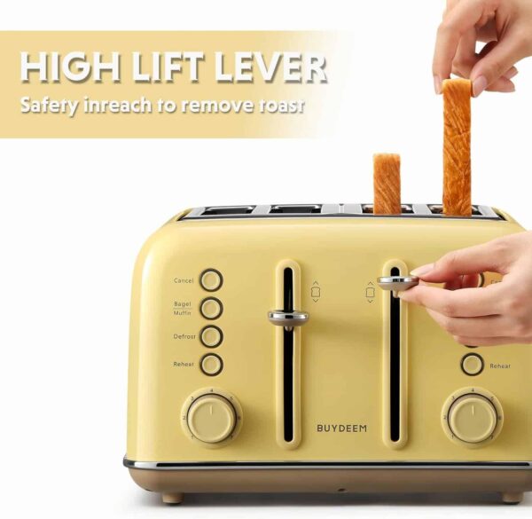BUYDEEM DT640 4-Slice Toaster, Extra Wide Slots, Retro Stainless Steel, 7-Shade Settings (Mellow Yellow) - Image 5