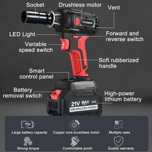 AOBEN 21V Cordless Impact Wrench Powerful Brushless Motor with 1/2  Square Driver - Image 3