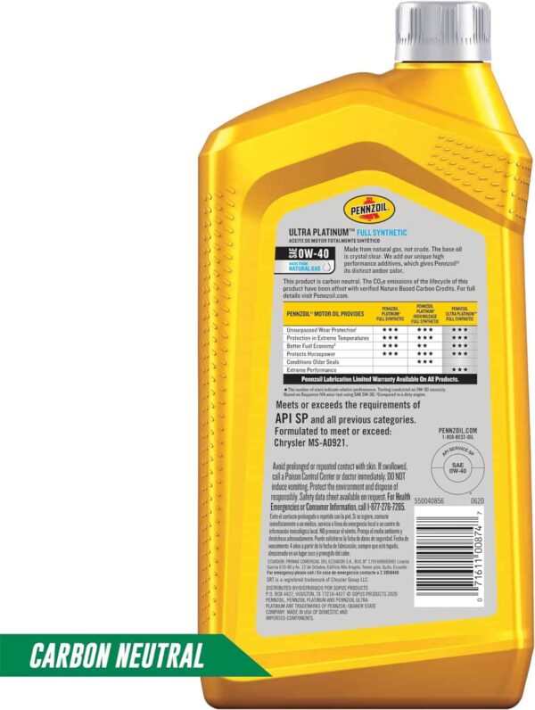 Pennzoil Ultra Platinum (6x1qt): Full Syn 0W-40, Extreme Protection, Case Deal - Image 2