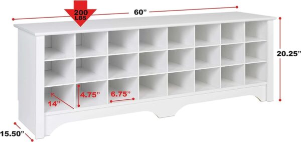 Prepac 24 Shoe Cubby Wide Hall Bench, 15.5  D x 60  W x 20.25  H, White - Image 5