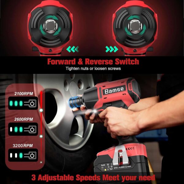 Bamse Impact Wrench Cordless, Brushless Power Impact Gun 21V, 1/2 , 4.0Ah Battery - Image 3