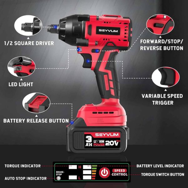 SEYVUM Impact Wrench,1/2  Impact Gun, Power Impact Driver Max Torque 320 Ft-lbs (430N.m) - Image 3