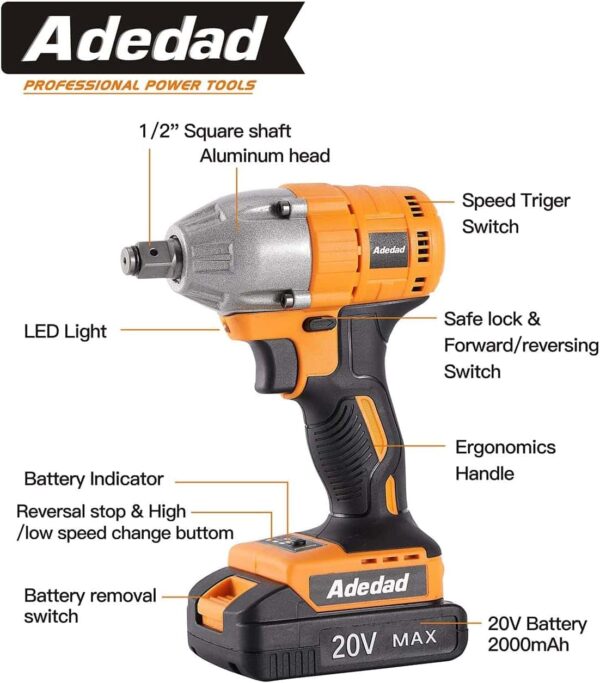 Adedad Cordless Impact Wrench 1/2 inch, 20V Brushless Impact Gun with Battery and Charger - Image 2