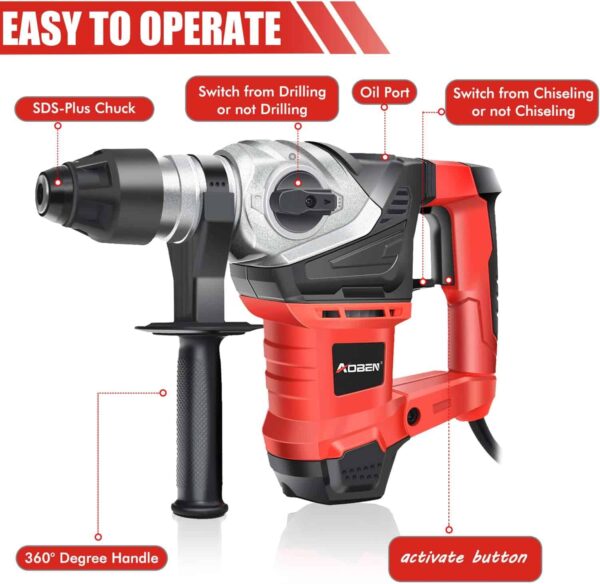 AOBEN Rotary Hammer Drill with Vibration Control and Safety Clutch,13 Amp Heavy Duty 1-1/4 Inch SDS-Plus Demolition Hammer - Image 2