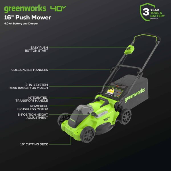 40V 16  Brushless Cordless (Push) Lawn Mower (75+ Compatible Tools), 4.0Ah Battery and Charger Included - Image 12