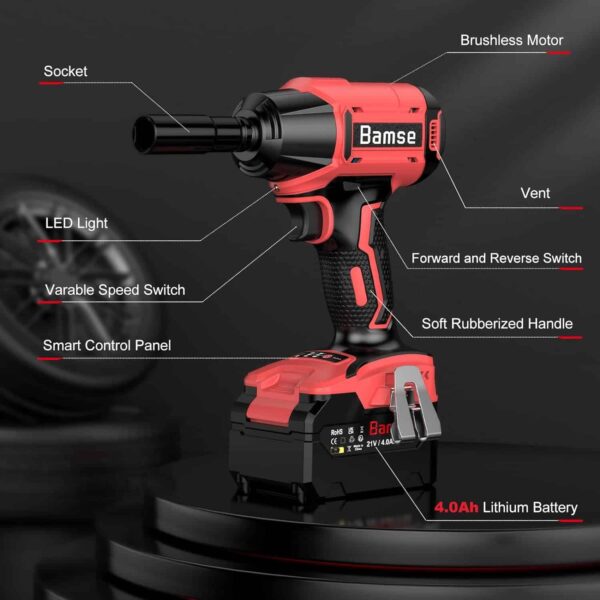 Bamse Impact Wrench Cordless, Brushless Power Impact Gun 21V, 1/2 , 4.0Ah Battery - Image 7