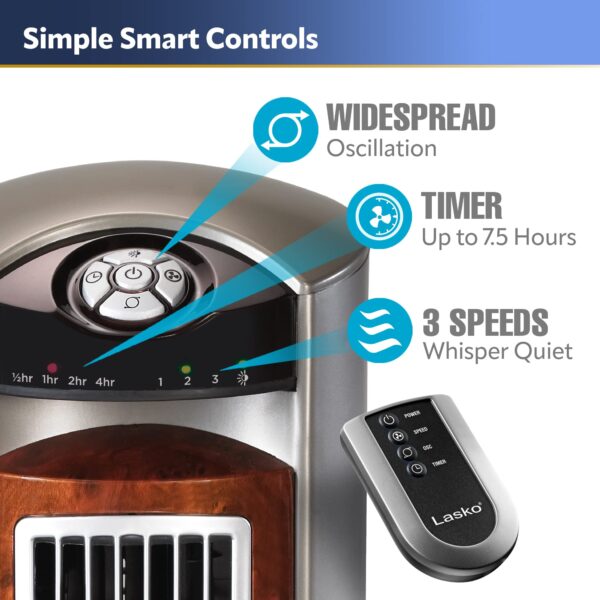 T42954 Oscillating Tower Fan, Nighttime Setting, Remote Control, 3 Quiet Speeds, 42.5 , Silverwood, woodgrain and grey - Image 8