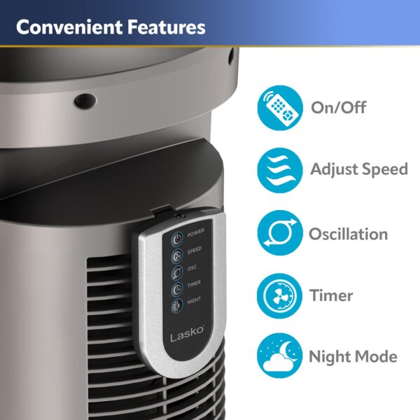 T42954 Oscillating Tower Fan, Nighttime Setting, Remote Control, 3 Quiet Speeds, 42.5 , Silverwood, woodgrain and grey - Image 6