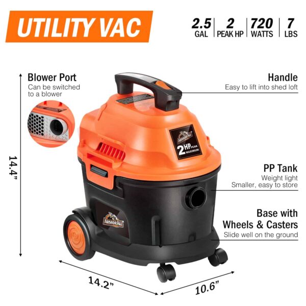 Armor All AA255W 2.5 Gallon 2 Peak HP Utility Wet/Dry Car and Shop Vacuum, 2.5-Gallon, Orange - Image 9