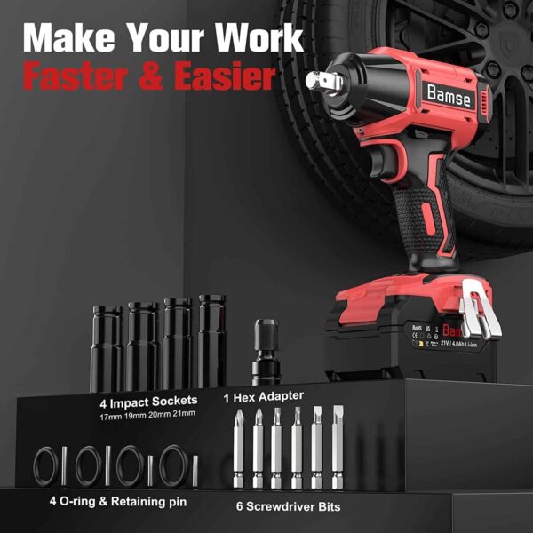 Bamse Impact Wrench Cordless, Brushless Power Impact Gun 21V, 1/2 , 4.0Ah Battery - Image 8