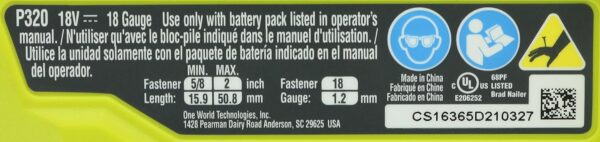 Ryobi P320 Airstrike 18 Volt One+ Lithium Ion Cordless Brad Nailer (Battery Not Included, Power Tool Only) - Image 9
