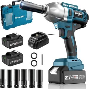 Seesii Cordless Electric Impact Wrench 1/2 inch for Car Home, 580Ft-lbs(800N.m) Brushless