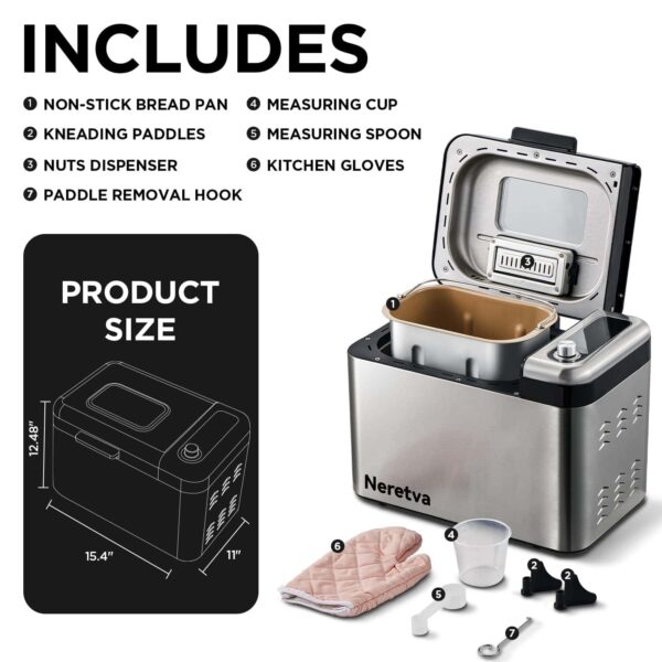 Neretva Bread Maker Machine, 15-in-1 3.3LB Automatic Breadmaker with Dual Kneading Paddles Digital - Image 2
