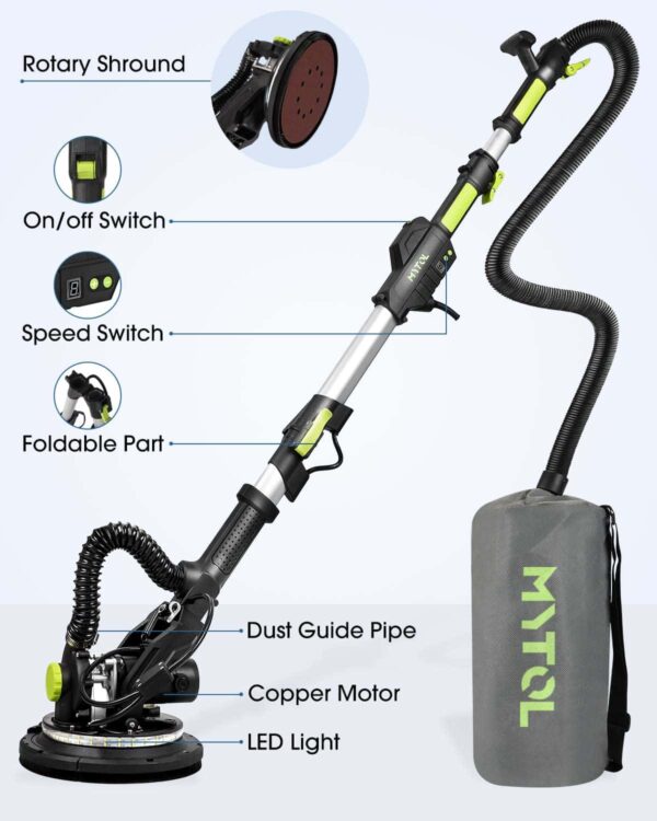 MYTOL Drywall Sander, 7.2A Electric Drywall Sander with Vacuum Dust Collection, 6 Variable Speed 900-1800RPM - Image 7