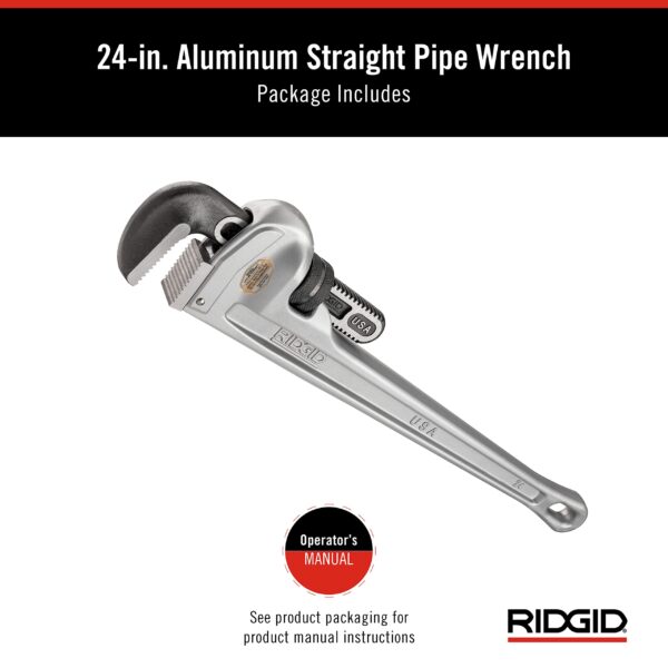 31105 Model 824 Aluminum Straight Pipe Wrench, 24-inch Plumbing Wrench, grey - Image 6