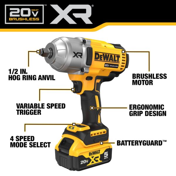 20V MAX Cordless Impact Wrench Kit, 1/2  Hog Ring With 4-Mode Speed (DCF900P1) - Image 9