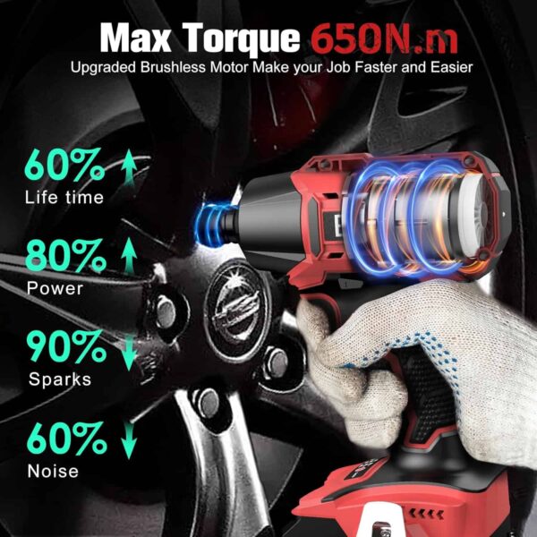 Bamse Impact Wrench Cordless, Brushless Power Impact Gun 21V, 1/2 , 4.0Ah Battery - Image 2