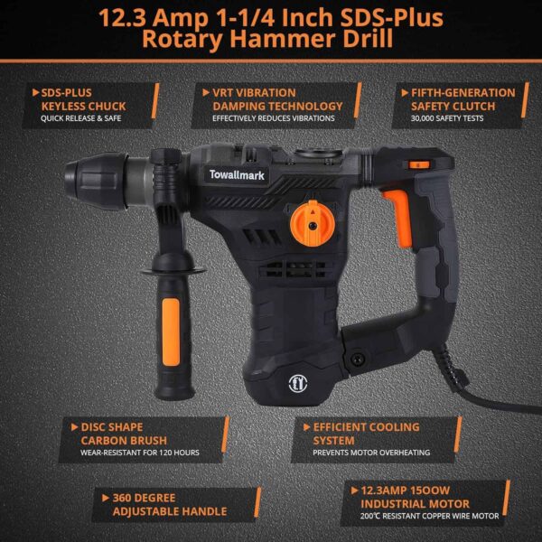 Towallmark 12.3 Amp Rotary Hammer Drill, 1-1/4 Inch SDS-Plus 4 in 1 Multi-functional Heavy Duty hammer drill - Image 7