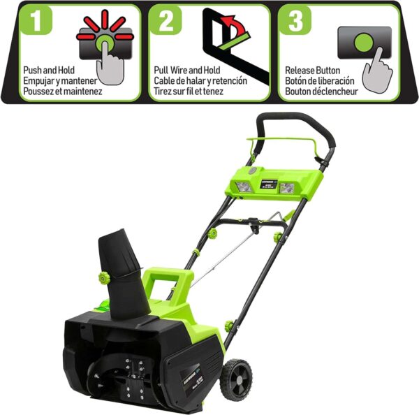 Earthwise SN74018 Cordless Electric 40-Volt 4Ah Brushless Motor, 18-Inch Snow Thrower, 500lbs/Minute, Black/Green - Image 8