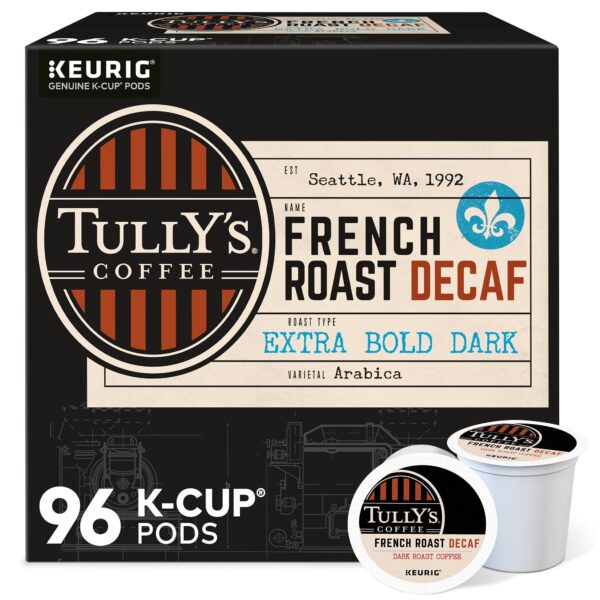 Tully s Coffee French Roast Decaf,  Single-Serve K-Cup Pods, Dark Roast, 96 Count (4 Packs of 24)